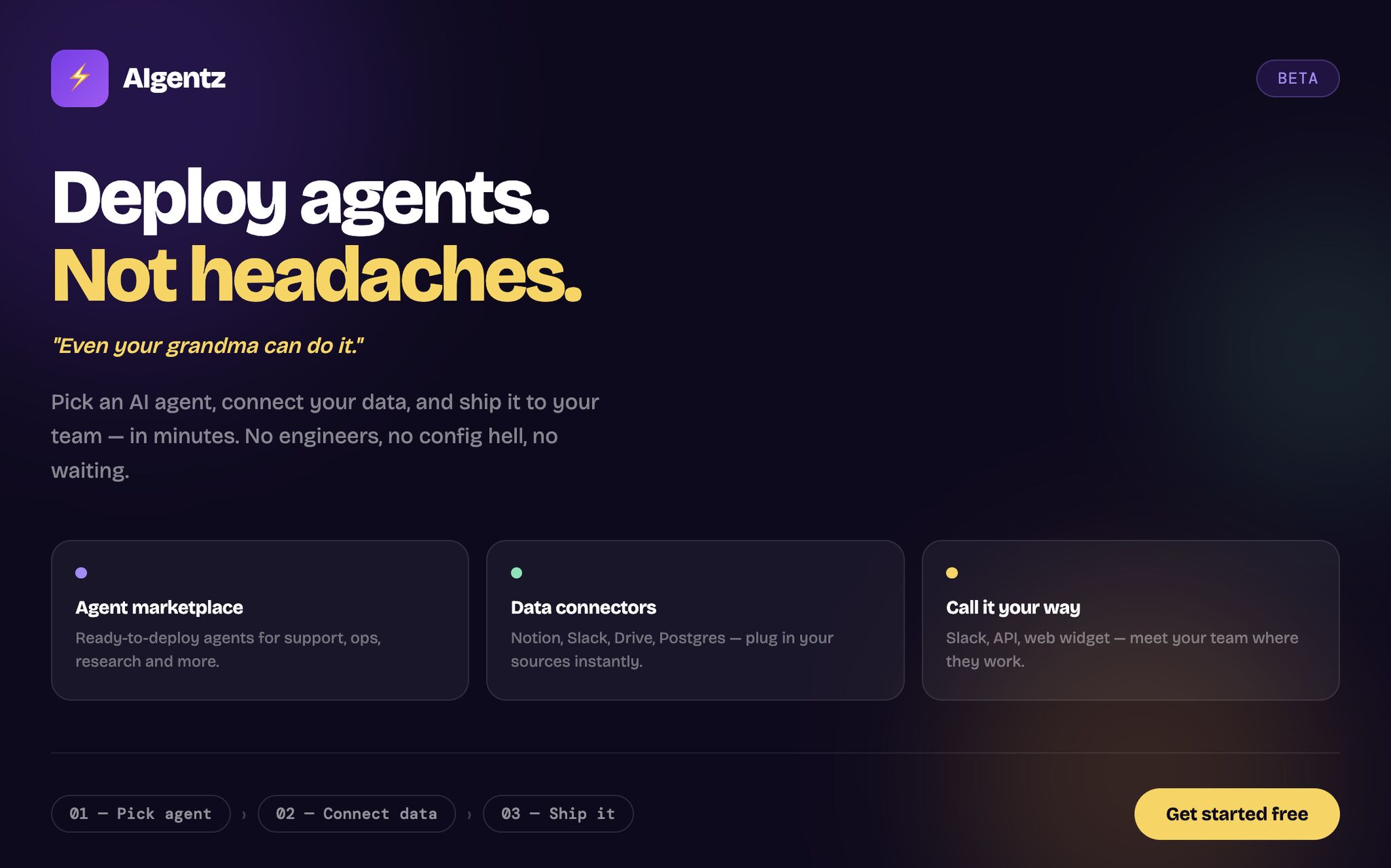 AIgentz landing page: deploy agents, not headaches
